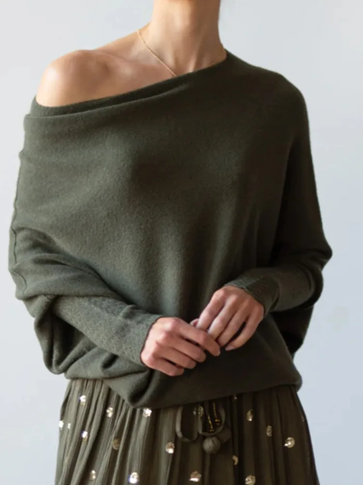 Women One Size Pullover Jumpers Solid Color Neck Pullover Knitted Female Comfortable Commuter Off Shoulder Slash Neck Sweater