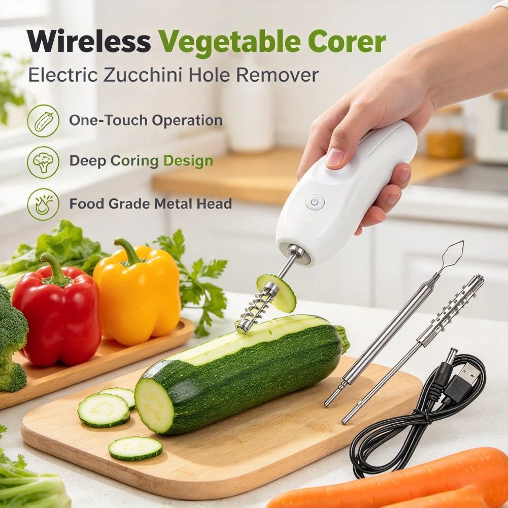 Portable Electric Vegetable Corer Wireless Rechargeable 2-in-1 Zucchini Cucumber Corer with Interchangeable Blades 10W