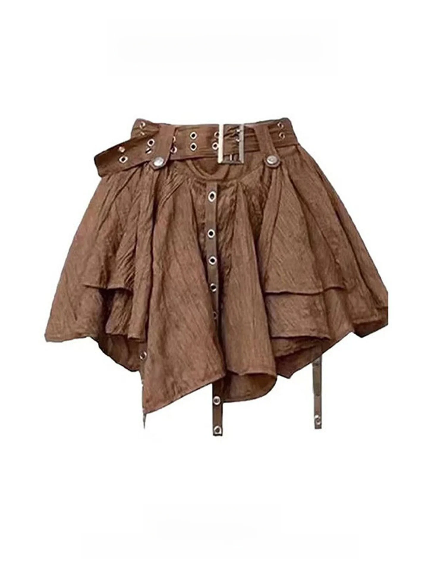 Brown Gauze Skirt Women's Spring 2026 Western Cowboy Sash  Skirt Retro Commute Style High Waist A-Line Casual Skirts