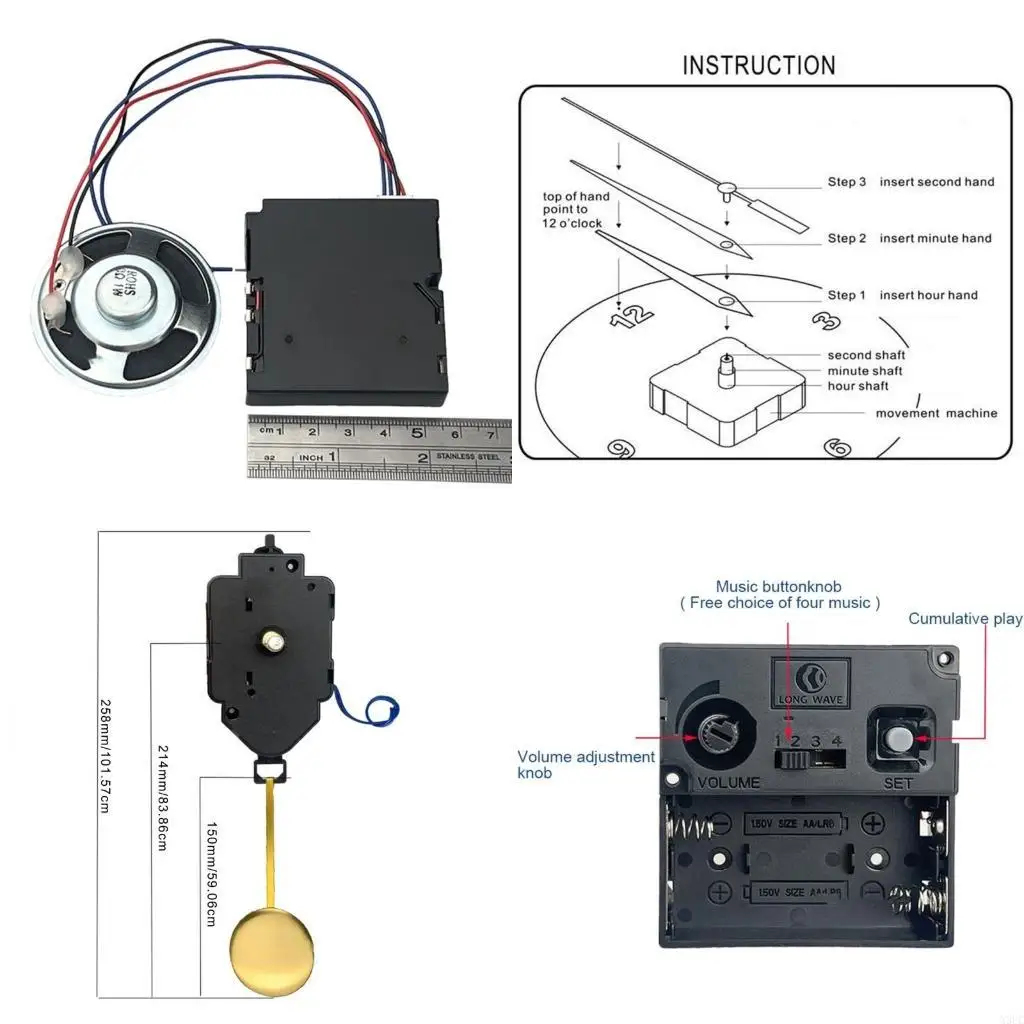 Multipurpose Clock Movement Set with Pendulum Music Chimes Box Horn Replacement X3UC
