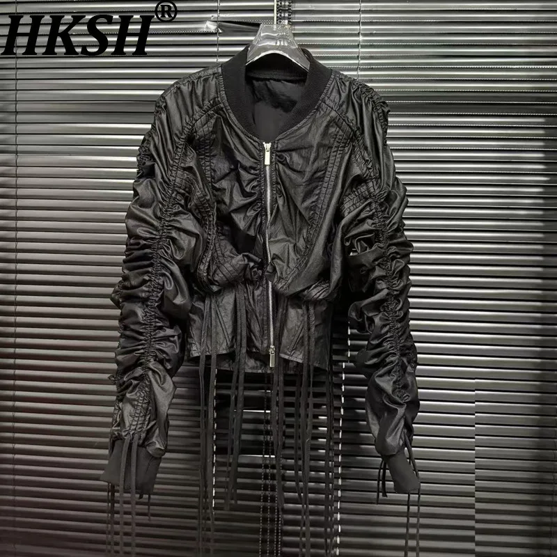 

HKSH осенняя новая женская короткая куртка с воротником-стойкой и длинным рукавом, плиссированный дизайн, молния, кисточка, подол, индивидуальное уличное пальто HK11281