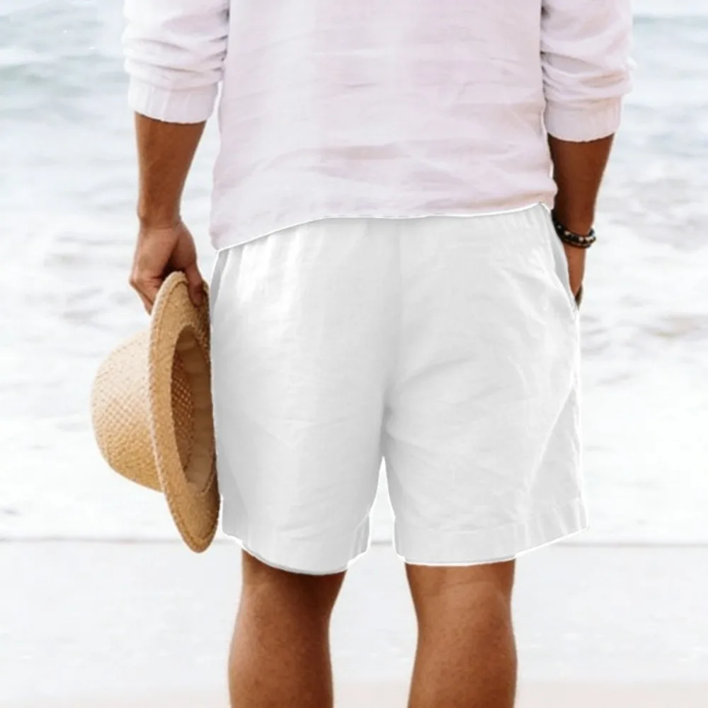 Drawstring Cotton Linen Shorts Elastic Waist Above Knee Casual Beach Shorts Lightweight Loose Fit Drawstring Shorts Beach Wear