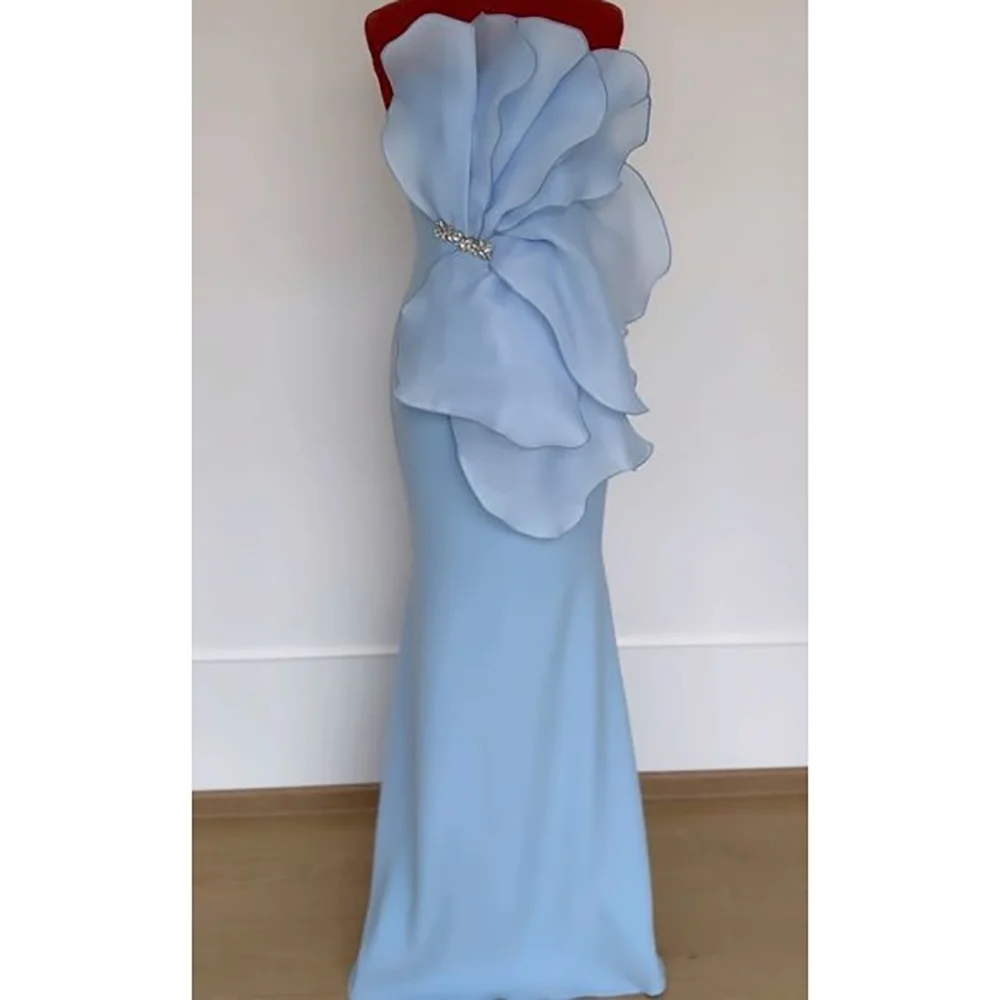 

Gorgeous Blue Strapless Sleeveless Flower Crystal Applique Women Prom Gown Floor Length Boutique Evening Dress