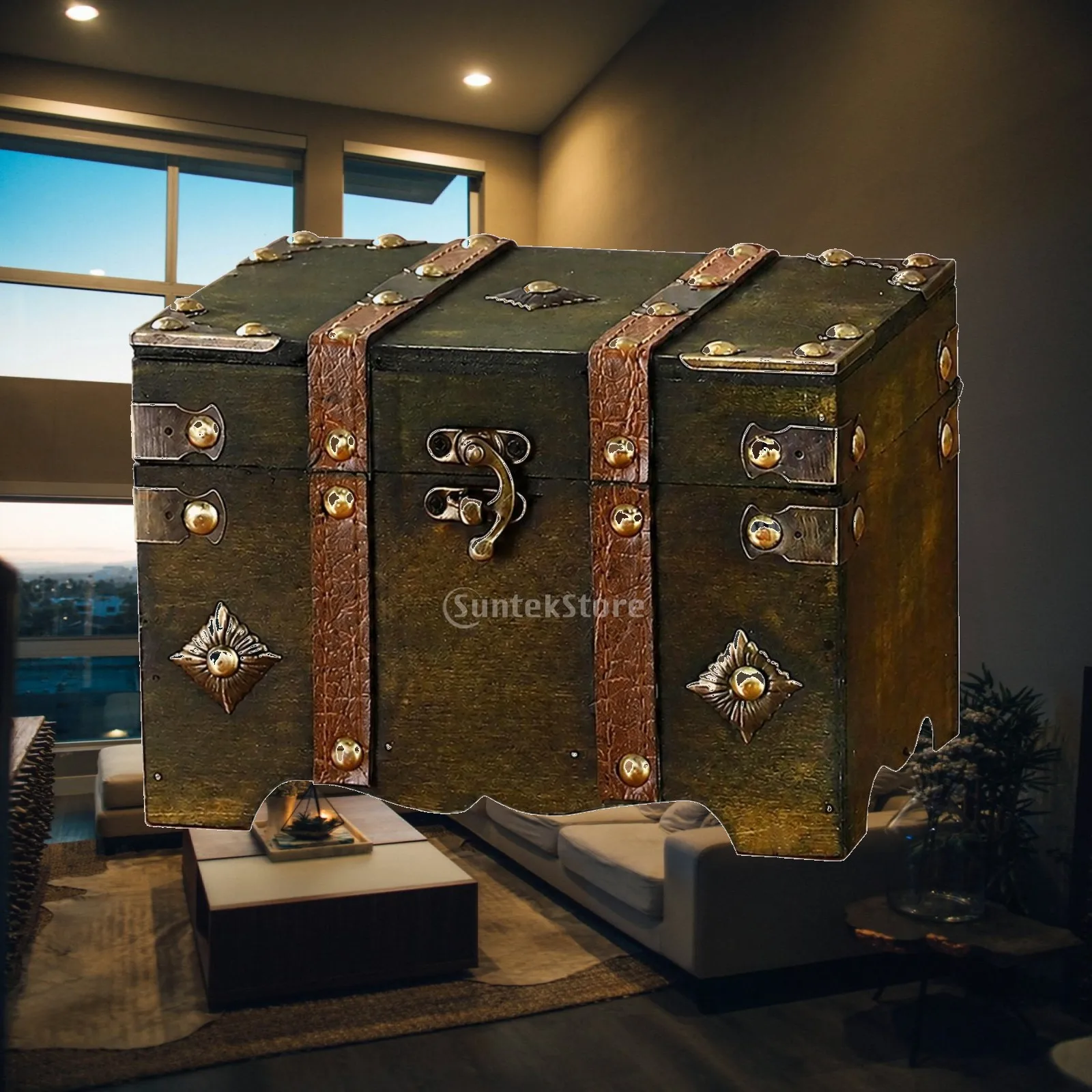 Lockable Wooden Treasure Chest Box for Jewelry Storage Decorative Organizer with Metal Corners for Home Shelf