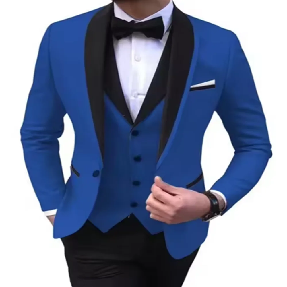 

Men's 3 Pieces Wedding Suit One Button Shawl Lapel Jacket Vest Pants Dinner Groom Tuxedos Slim Fit Formal Business Suits