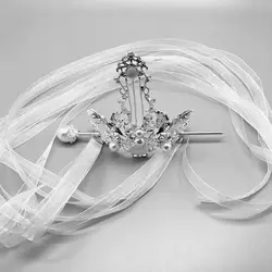 Womens Headwear Silver Double Crane with Long Ribbon Chinese Headdress
