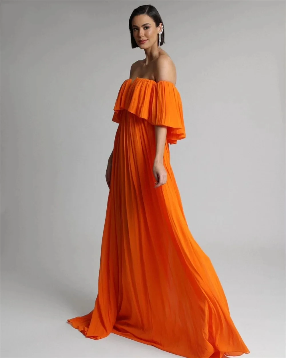 Bafftafe Orange Chiffon Long Prom Dresses Customized Arabic Off The Shoulder Formal Evening Dress Women Party Bridesmaid Gowns