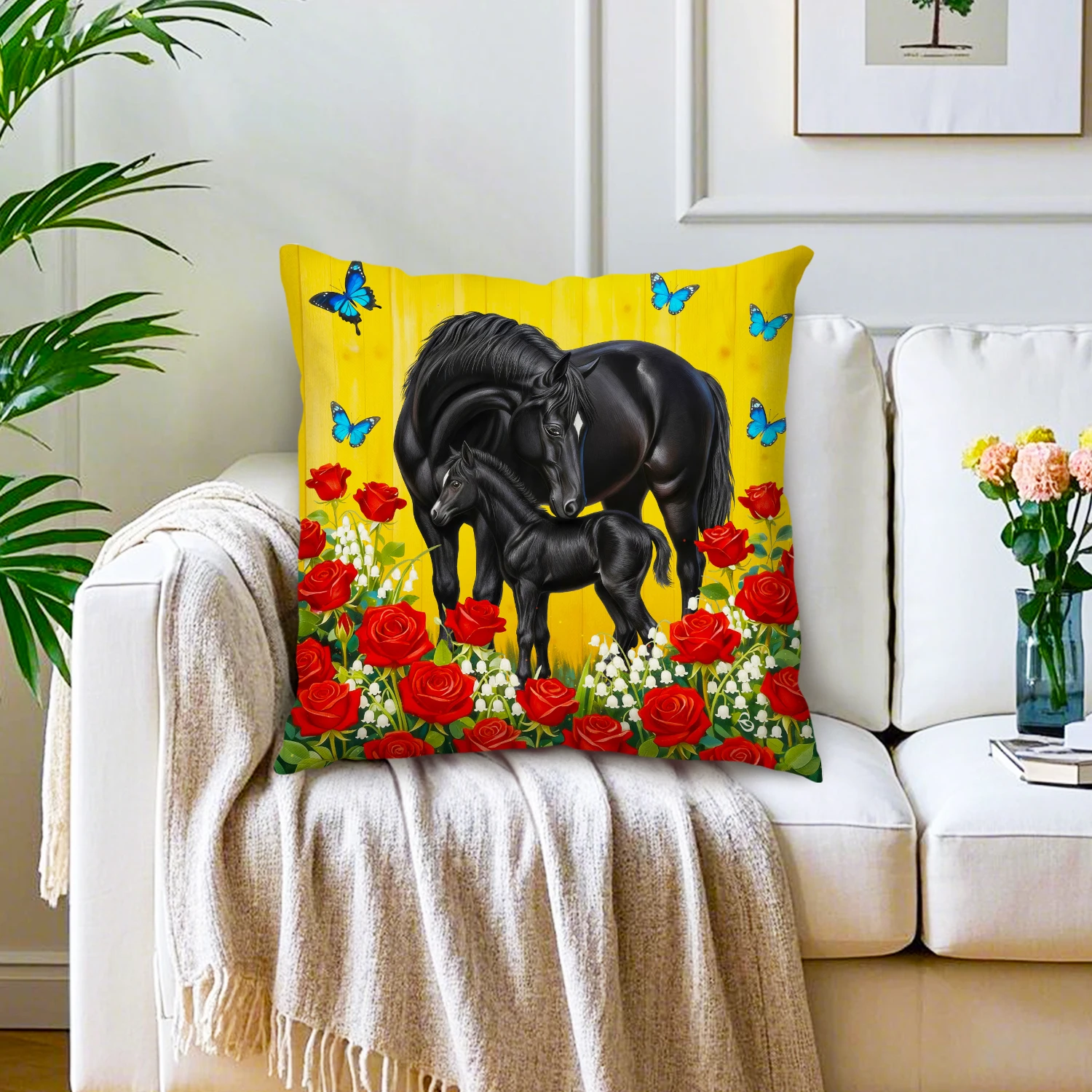 Black Horse Rose Linen Cushion Cover Butterfly Floral Pillowcase Romantic Garden Nature Decor Living Room Sofa Equestrian Gifts