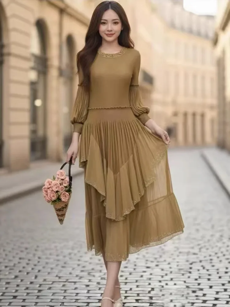 

Miyake Heavy Industries Fungus Edge Design Long Sleeves Round Neck Long Dress Pleated Women's Dress 2025 Winter New