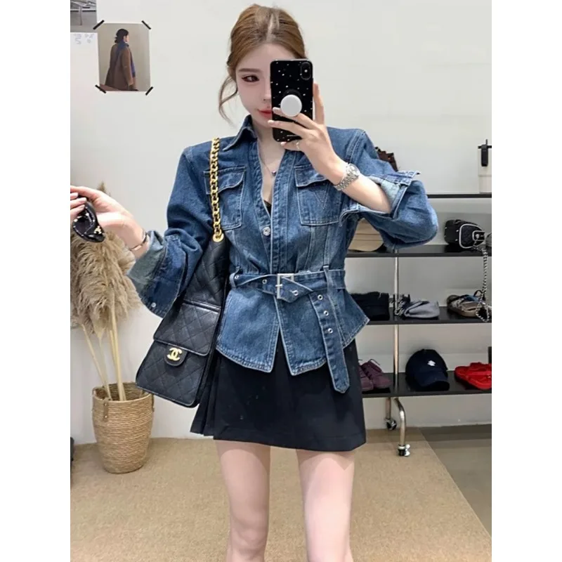 

Fashionable Temperament Waisted Denim Jacket for Women Korean Autumn New Style High-end Slim Fit and Versatile Lapel Short Top