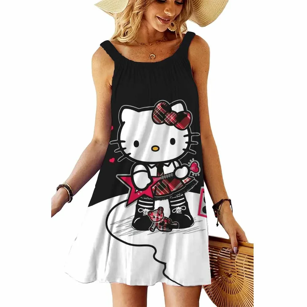 Vestido sexy con estampado de Hello Kitty de verano para mujer, estampado de moda de Hello Kitty, corte informal, sin mangas, cuello redondo, camiseta, vestido de playa