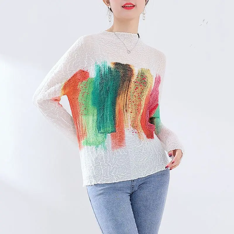 Pleated Multicolour Shirt Women 2024 Summer New Crewneck Patchwork Color Short Sleeve T-shirt Breathable Soft Tops Round Neck Lo
