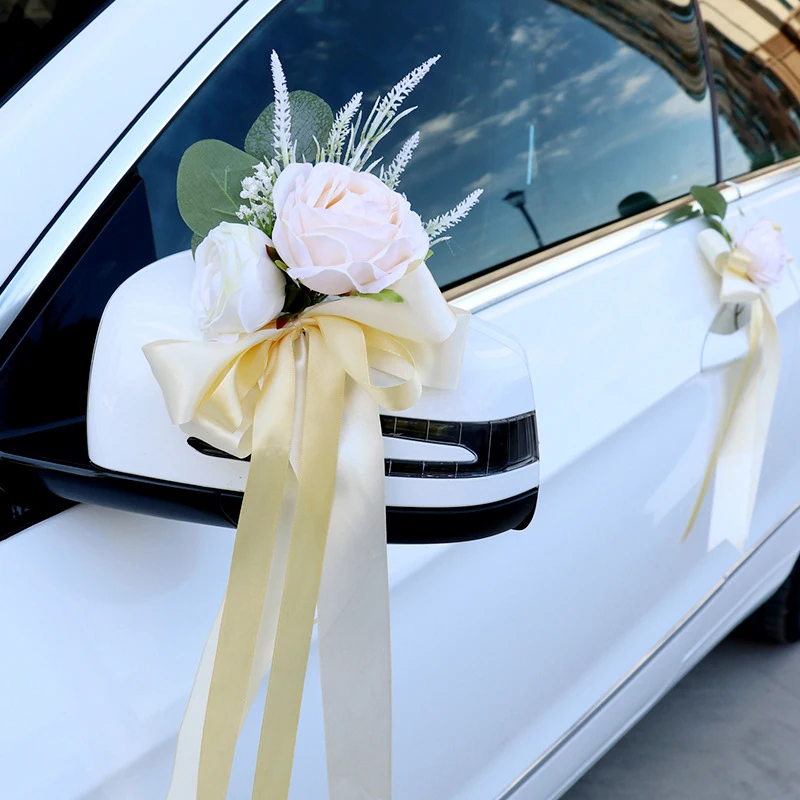 Artificial Flower Wedding Car Decor Flower Door Handles Rearview Mirror Decoration Accessories Marriage Props Gifts