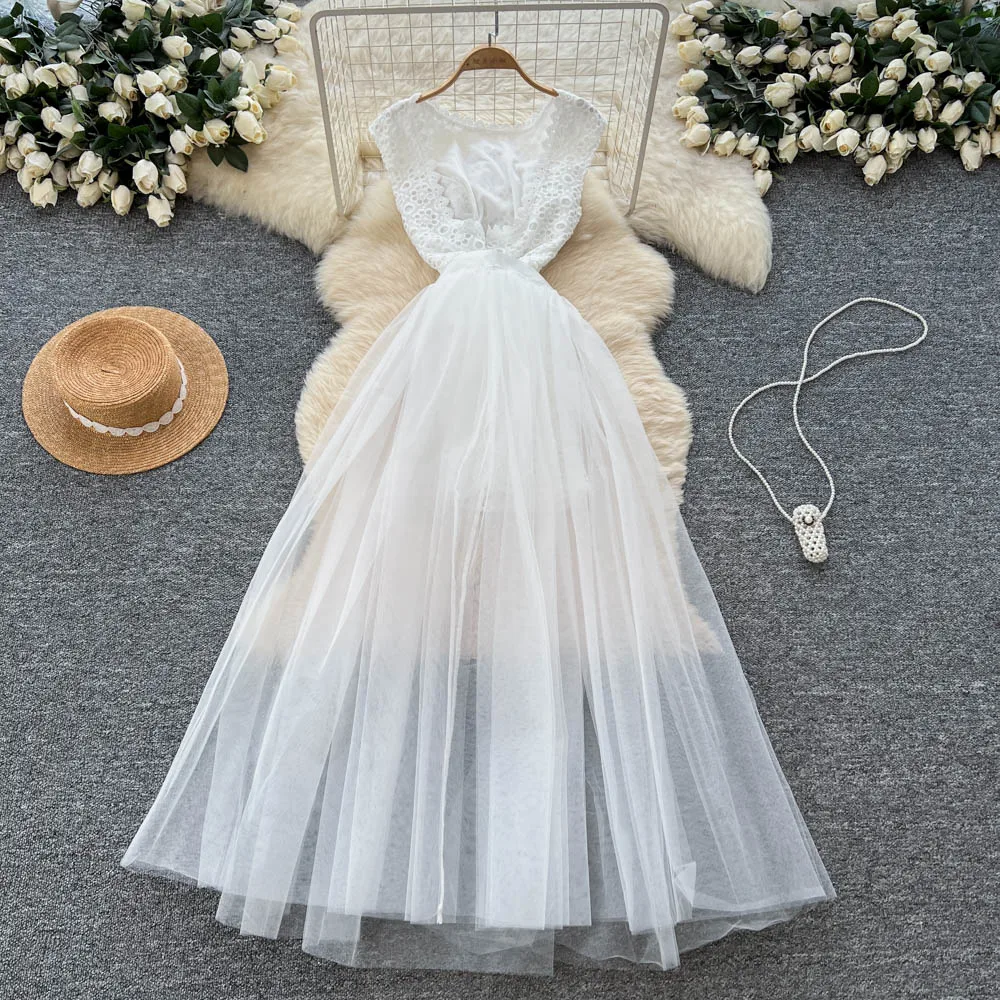 

Сексуальное элегантное сетчатое вечернее платье без рукавов с круглым вырезом, женские вечерние корейские модные платья для церемоний