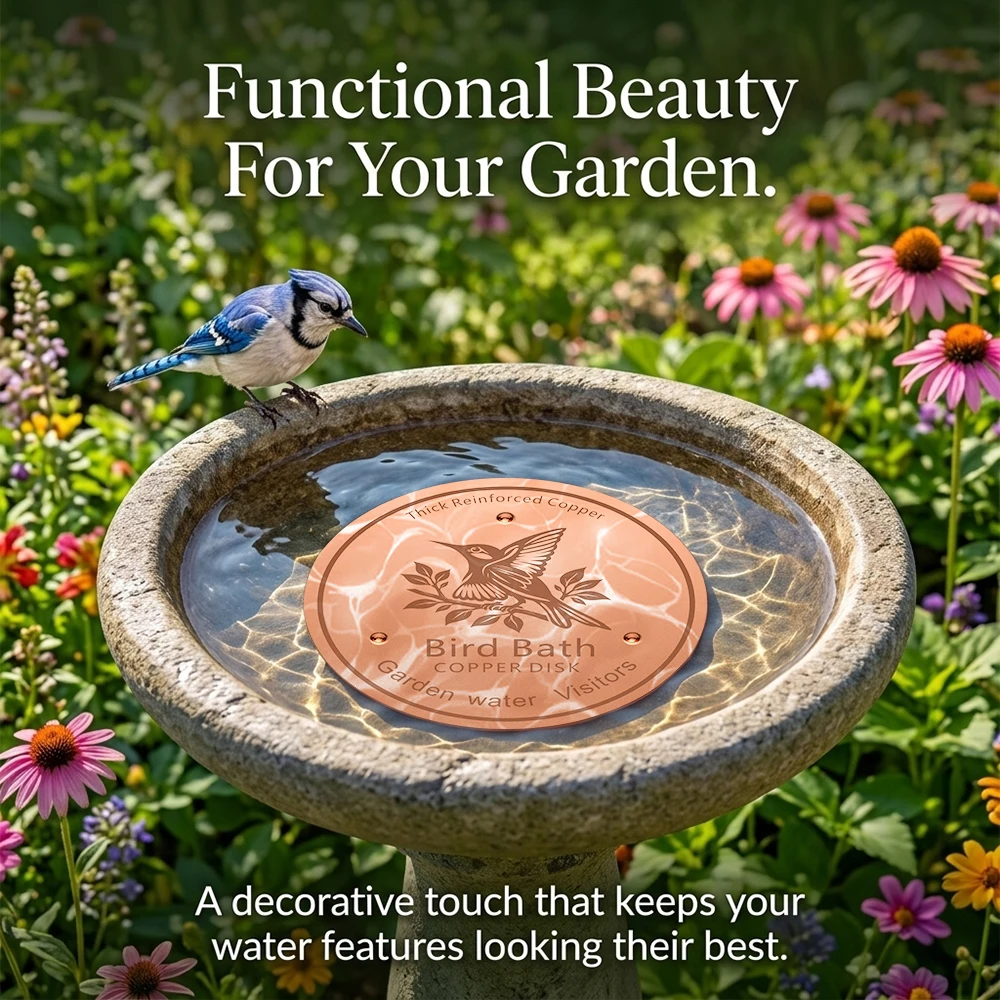 Copper Bird Bath Disk for Garden Water Basins, Thick Reinforced Metal Filter to Keep Stagnant Water Clear and Attract
