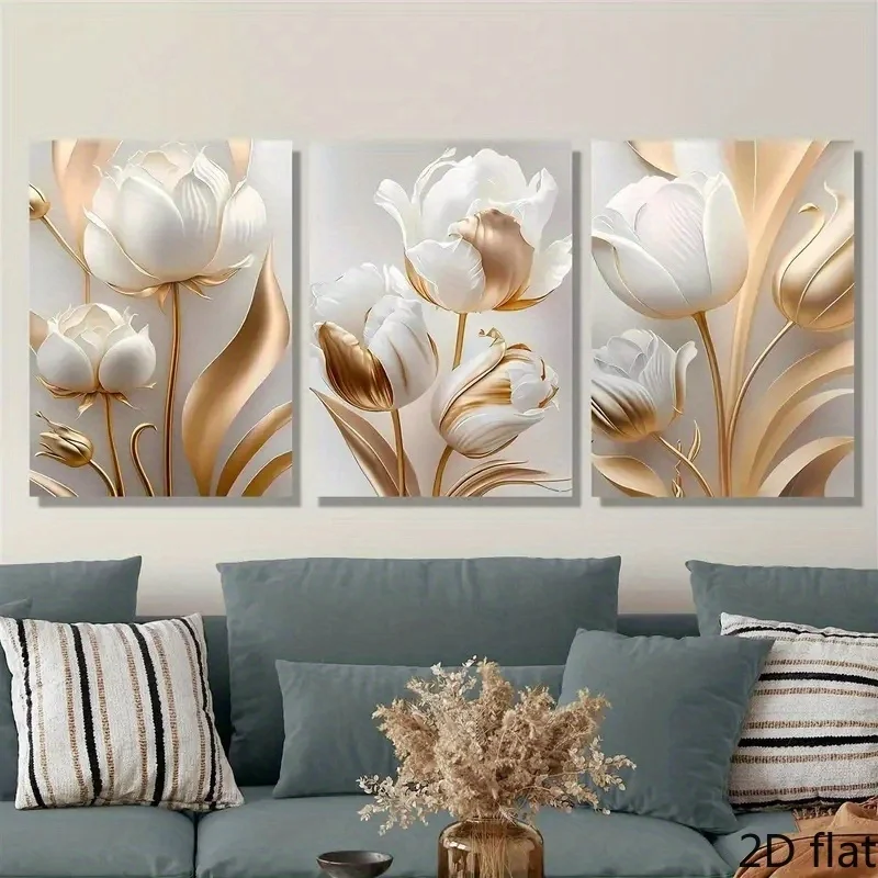 （NoFrame 3PCS)-2D flat, 3pcs set of modern canvas art, modern natural scenery, Nordic light luxury tulip flowers, high-defini