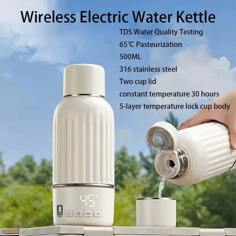 500ML 65℃ Pasteurization Wireless Electric Kettle USB Charge Bouncing Cup Lid 30h Constant Temperature TDS Water Quality Test