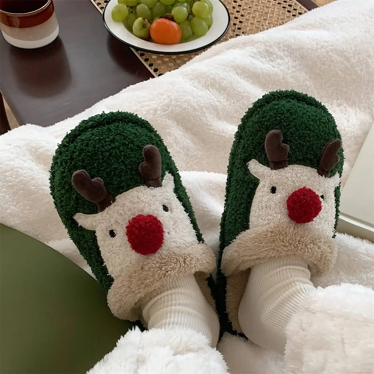 

Christmas elk cotton shoes women's winter cute cartoon home indoor plush shoes fashion casual non-slip warm comfortable shoes