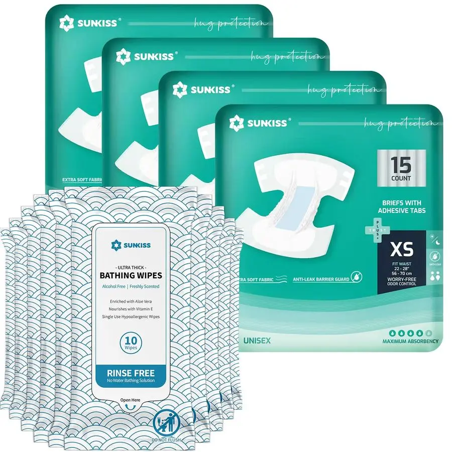 TrustPlus BundleBathing Wipes with Aloe for Sensitive Skin 100 Count, 8x12 amp SUNKISS TrustPlus Adult Diapers with Maximum Abso