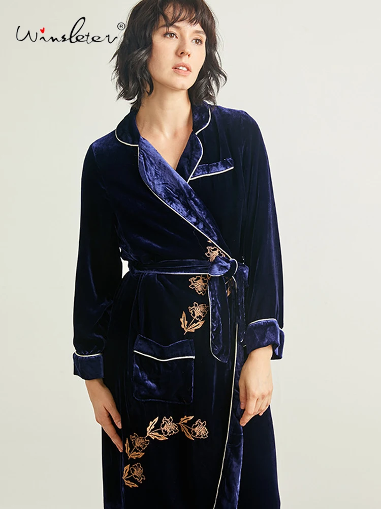 Winsleter-Base Yarn 19MM 100%Real Silk Velvet Night-robe, Embroidery Lace-up, Women Retro Warm Pajamas Robe, 2026 New P5D931CC
