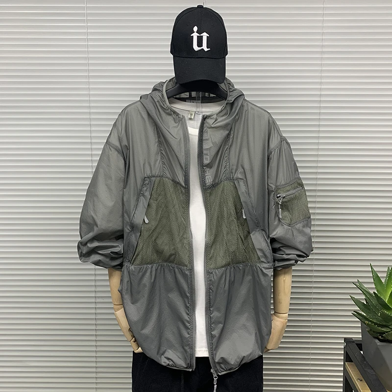 

Мужская летняя дышащая быстросохнущая свободная повседневная куртка с капюшоном из полиэстера, с длинным рукавом, модная молодежная футболка