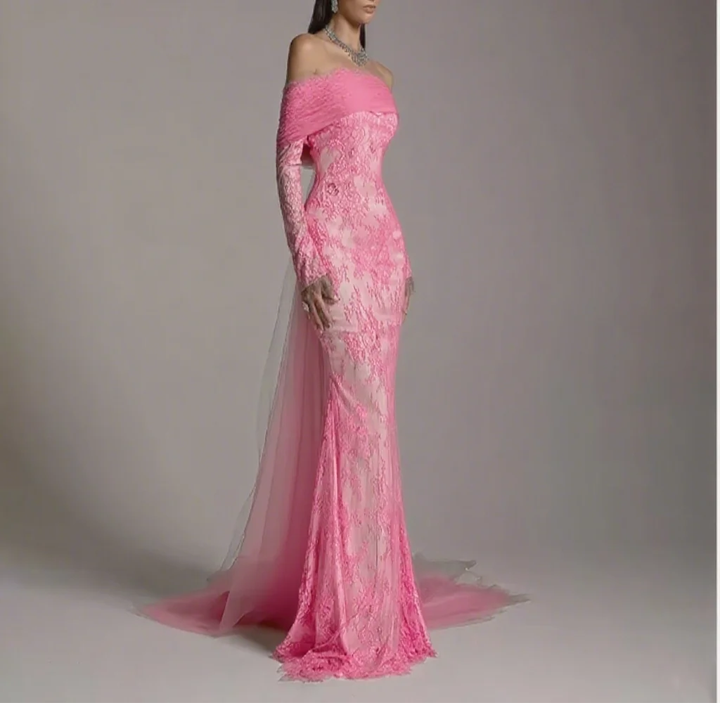 

Luxury Evening Dresses Formal Party Prom Gowns Off Shoulder Long Sleeves Lace Evening Prom Dresses Customized