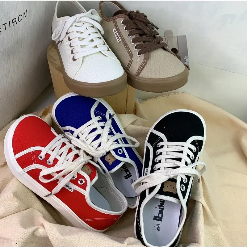 2024Trend Desianer Canvas Shoes forWomen Round Toe Low Top Sneakers Wide Toe LaceUp Trainers Shoe Brand Female Tenis Plimsolls