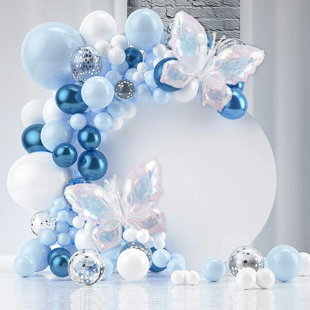 Buntes Schmetterlings-Ballon-Set, blauer und weißer Latex-Ballon, geeignet für Schmetterlings-Mottoparty, Hochzeit, Geburtstag, Dekoration