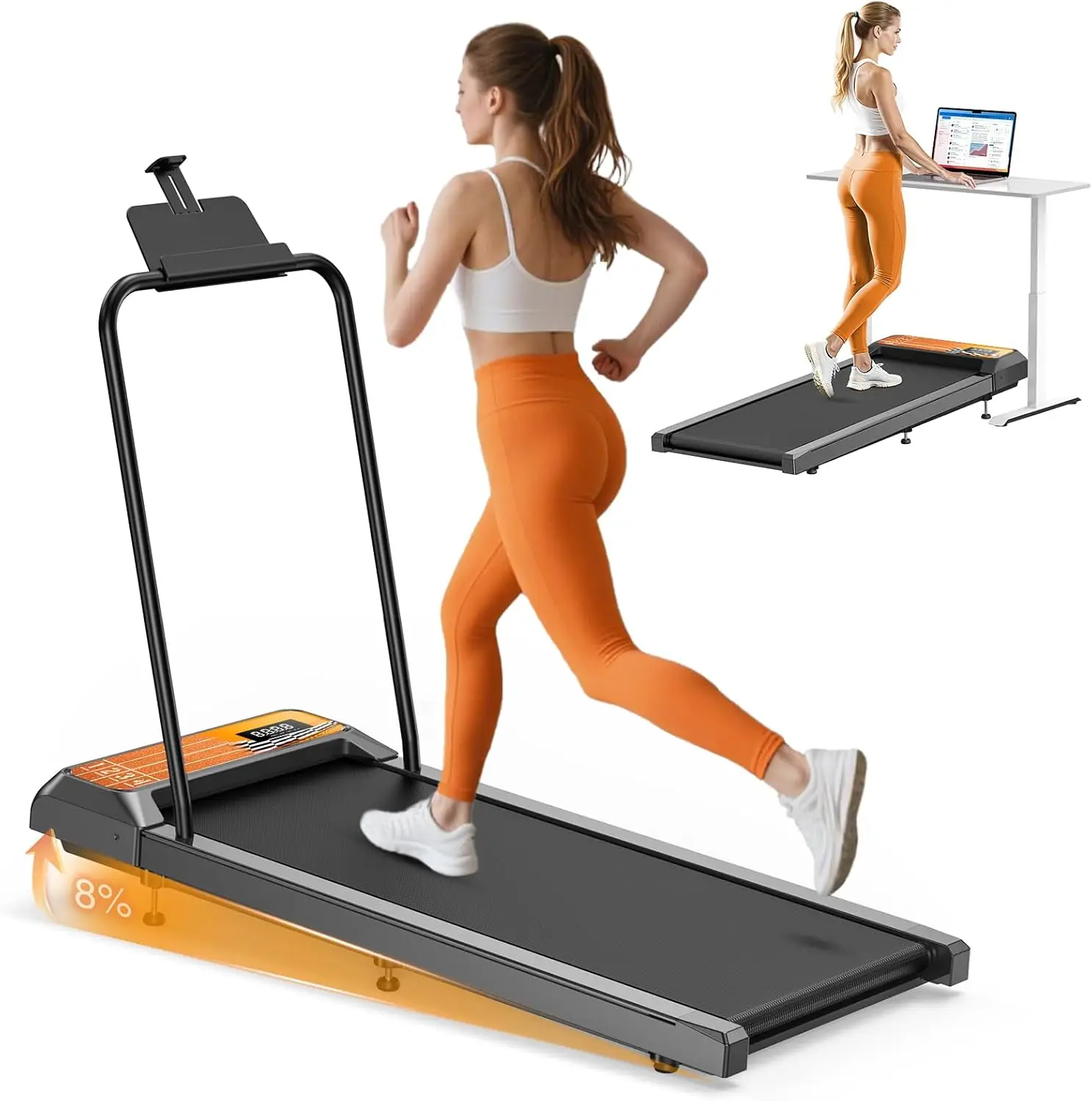 2.5HP Low-Noise 2-In-1 Under-Desk Walking Pad Treadmill, Handle Bar & Adjustable Incline, Remote Controller with LED Screen for Home & Office Training