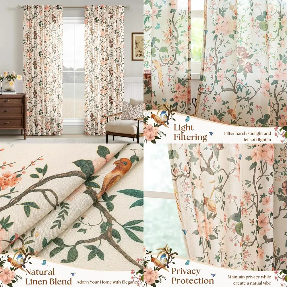 

Полупрозрачные льняные шторы в винтажном стиле фермерского дома, песочно-бежевый цветочный узор, длина 84, 2 панели для гостиной с задними выступами