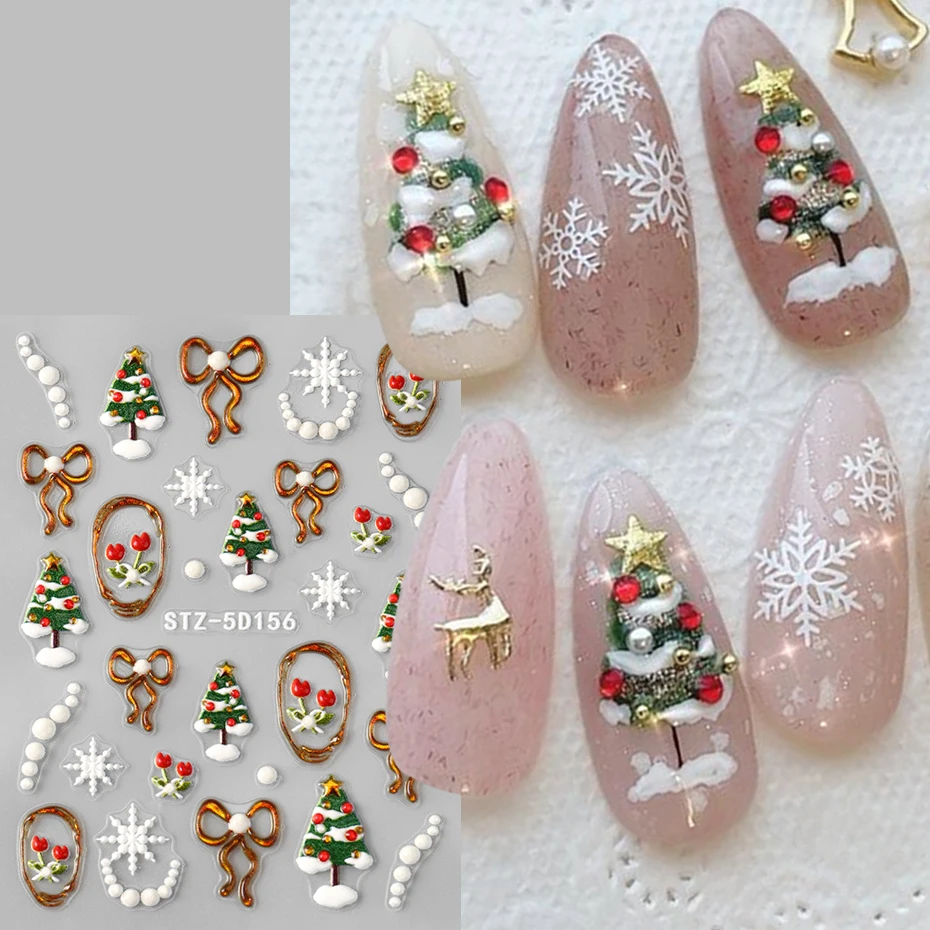 5D Embossed Cranberry Bowknot Stickers for Nails Christmas Trees Snowflakes Self-Adhesive Nail Art Design DIY New Year Nail Deco