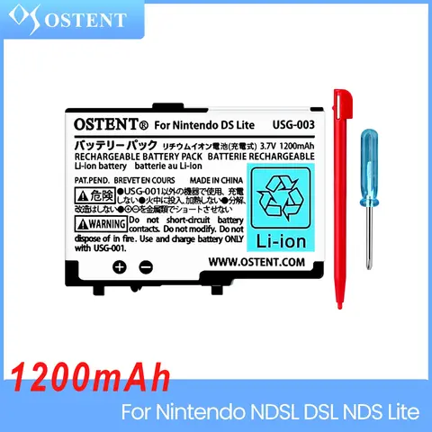 OSTENT capacité réelle 1200mAh 3.7V batterie Rechargeable pour Nintendo DS Lite NDSL batterie de remplacement avec outil + stylo tactile