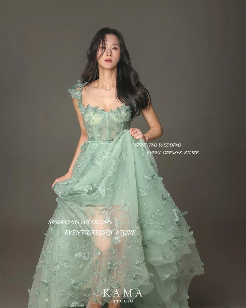 SPRAYING Fairy Dress Spaghetti Strap Tulle Korea Wedding Dresses Green A-line Long 3D Butterflies Corset Back Prom Dress 웨딩드레스