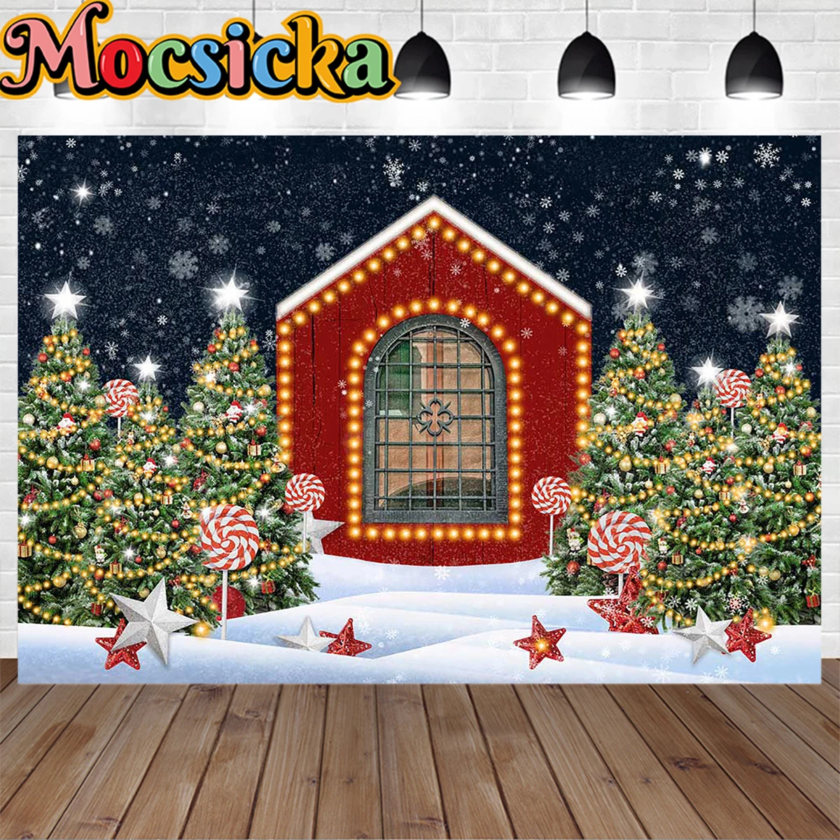 Christmas Eve Red Candy House พื้นหลังสตูดิโอ Photobooth Xmas Tree Snowflake Lollipop Glitter การถ่ายภาพฉากหลังเด็ก Photo