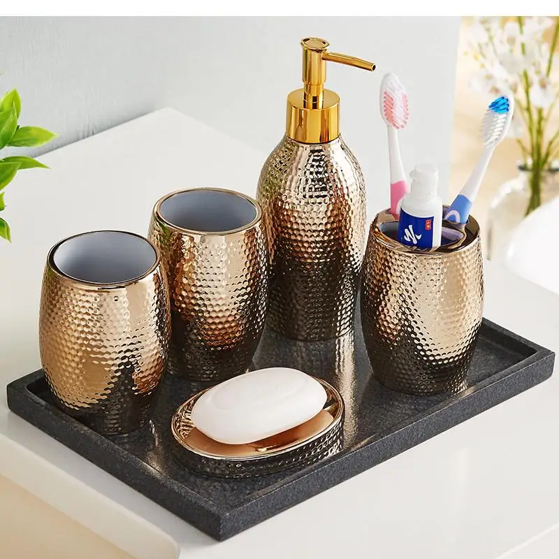 

Gold-plated Bathroom Accessories, Toothbrush Holder, Toothpaste Dispenser, Ceramic Lotion Bottle, Marble Tray, Supplies