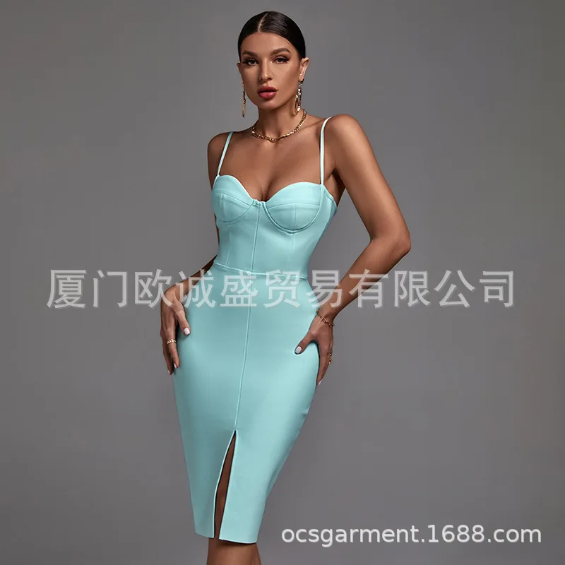 in Stock Women's Sling Tube Top High Waist Slim Front Slit Sheath Backless Bandage One-Piece Dress