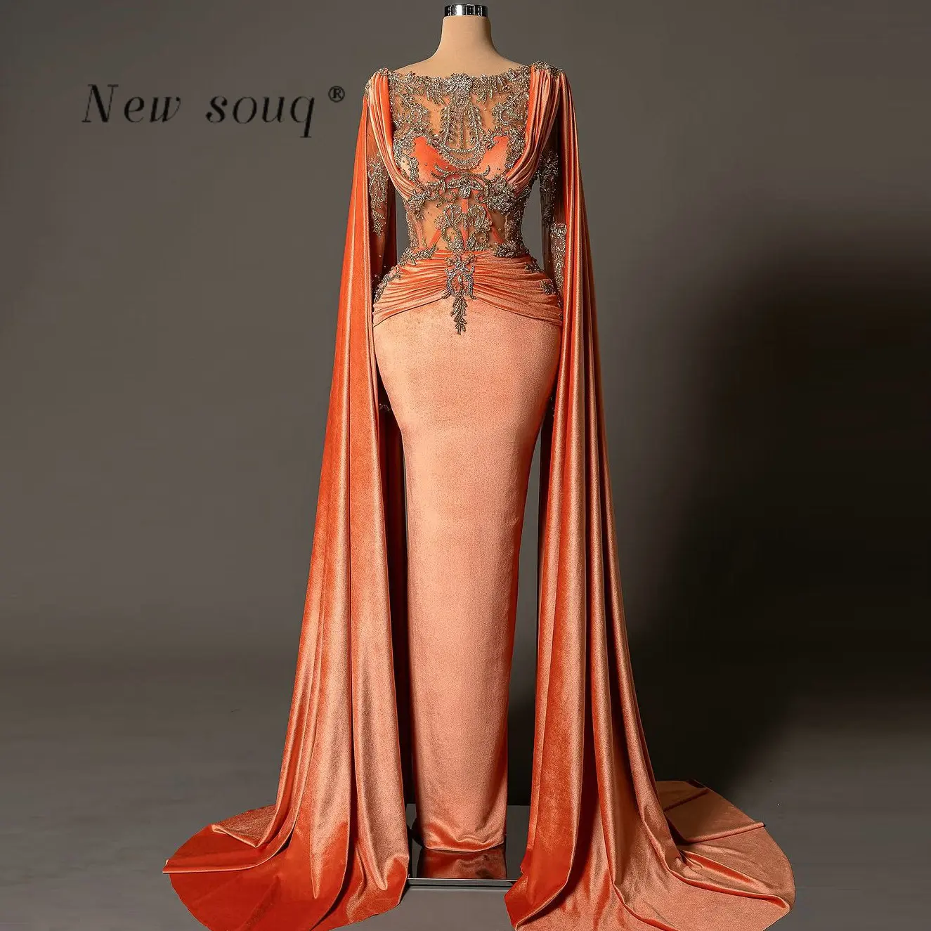 

Orange Long Cape Sleeves Velvet Prom Dresses Customized Beaded Mermaid Formal Gowns Wedding Guest Party Wear Elegant for Women