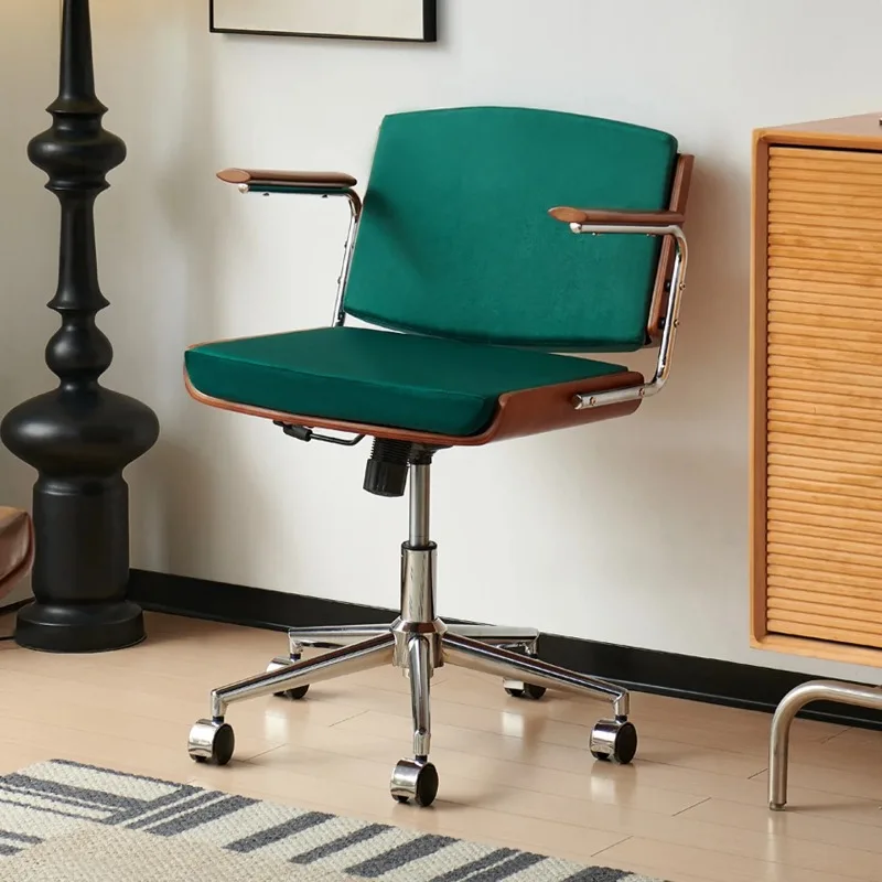 hh-Velvet Office Chair, Mid-Century Modern Swivel Desk Chair with Wood Armrests & Chrome Base, Chair for Home Office & Study^