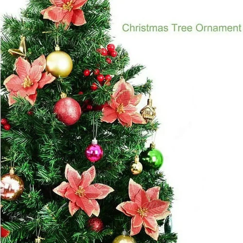 10 Stück künstliche Weihnachtsblumen, 13 cm, glitzernde goldrote Weihnachtsstern-Blumen für Weihnachtsbaum, DIY-Kranz, Weihnachtsfeier-Dekorationen – Detail 4