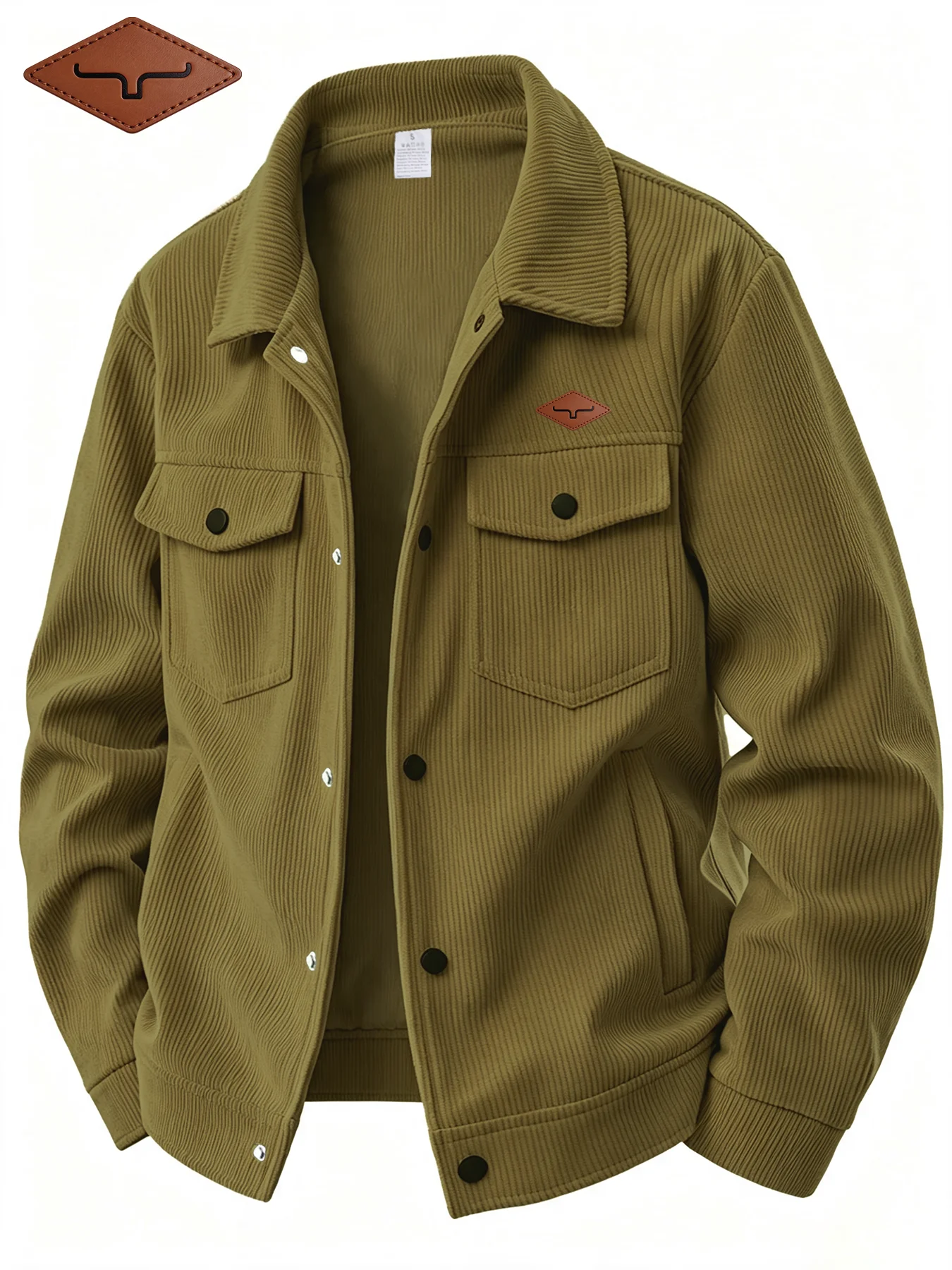 Men's Corduroy Lapel Jacket Casual Button Down Trucker Coat With Leather Patch, Solid Color Long Sleeve Outerwear For Daily Wear