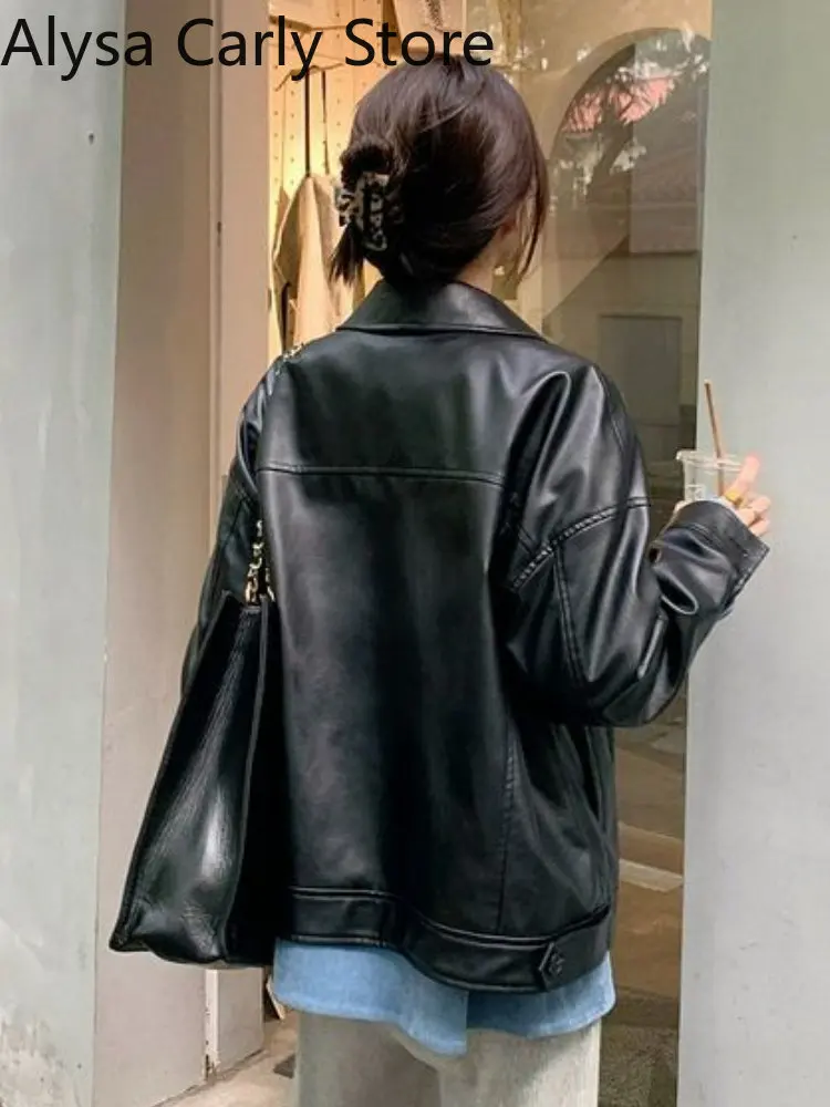 Black Vintage Leather Jacket Women Korean High Street Loose Thin Biker Coat Female 2022 Autumn Outwear Single Breasted Chic Tops