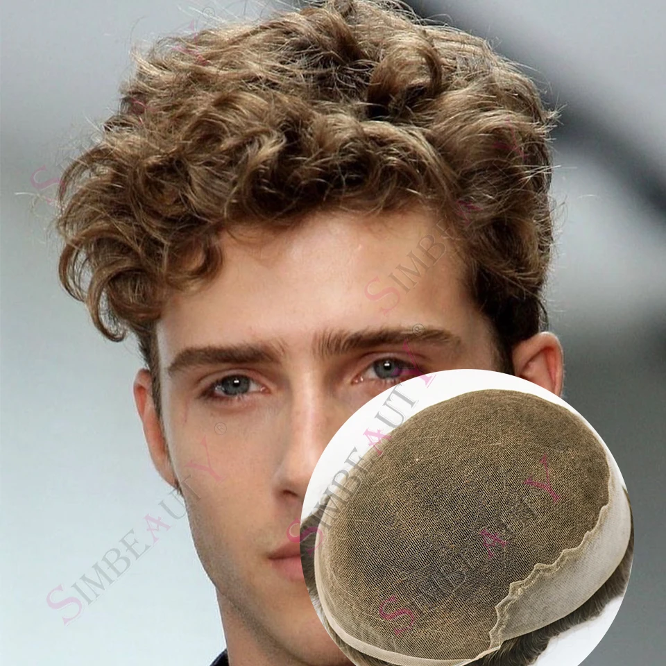 25 مللي متر مجعد غير قابل للاكتشاف شقراء الرجال التبييض عقدة شعري طبيعي الشعر المستعار شعر الإنسان الدانتيل و بولي Hair فقدان الشعر التصحيح الشعرية الاصطناعية #1