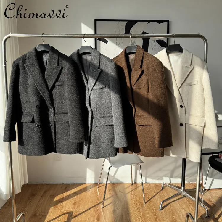 Winter New High-End Right Shoulder Blazer Fashion Coffee Color Thick Warm Double-Sided Wool Coat Short OL Gray Woolen Coat Women