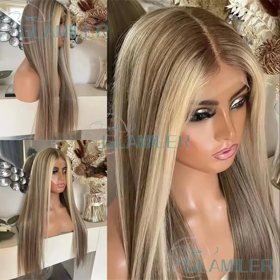 

Шелковые прямые человеческие волосы Коричневый Блондин # 8/613 Выделите разноцветные бесклеевые полные парики шнурка предварительно сорванные парики фронта шнурка 13x4