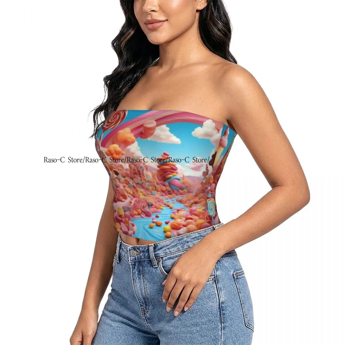Women strapless blouses sleeveless Colorful Sweets Land With Cupcake Candies halter-neck sexy short-sleeved blouses