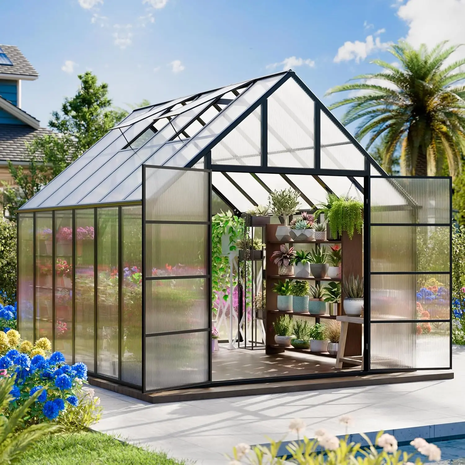 

12x10x10FT Greenhouse for Outdoors Large Aluminum Polycarbonate Kit with 2 Vent Windows Swing Door, Custom