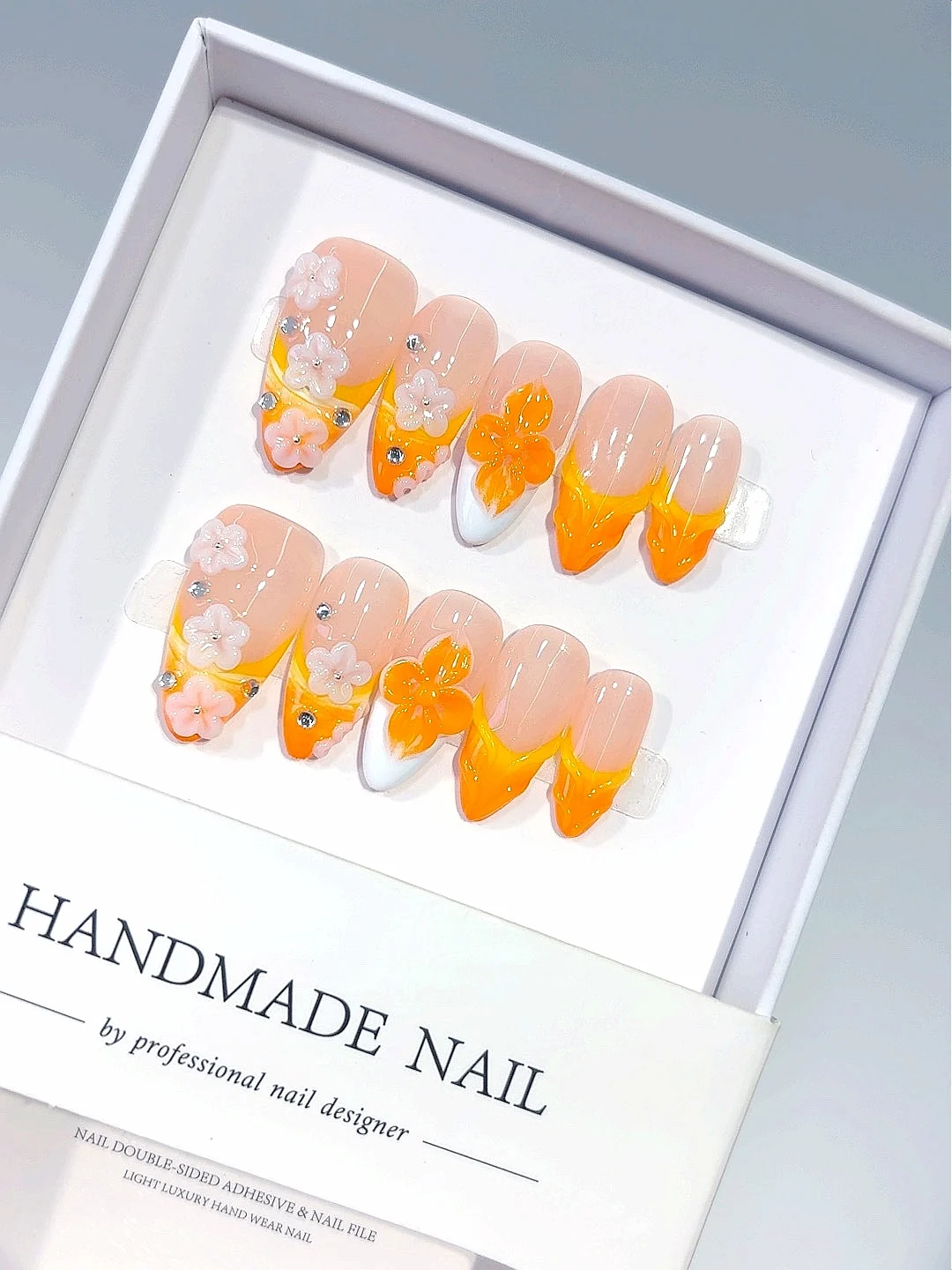 

Peach Nude & Orange Ombre Press on Nails - 3D Flower Rhinestone Accent False Nails Handmade for Women（D604）