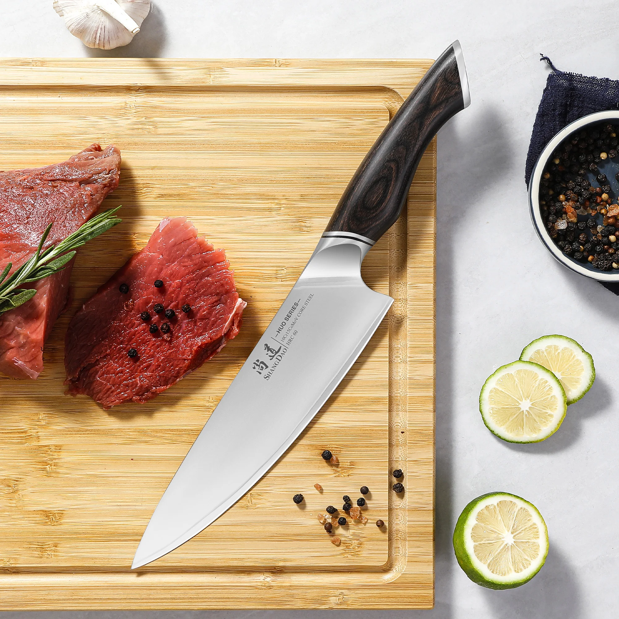 سكين الشيف شانغداو 8 بوصة، سكين المطبخ الياباني الاحترافي - 3 طبقات من سبائك الصلب VG10، مقبض باكاوود، صندوق هدايا - سلسلة HUO #4
