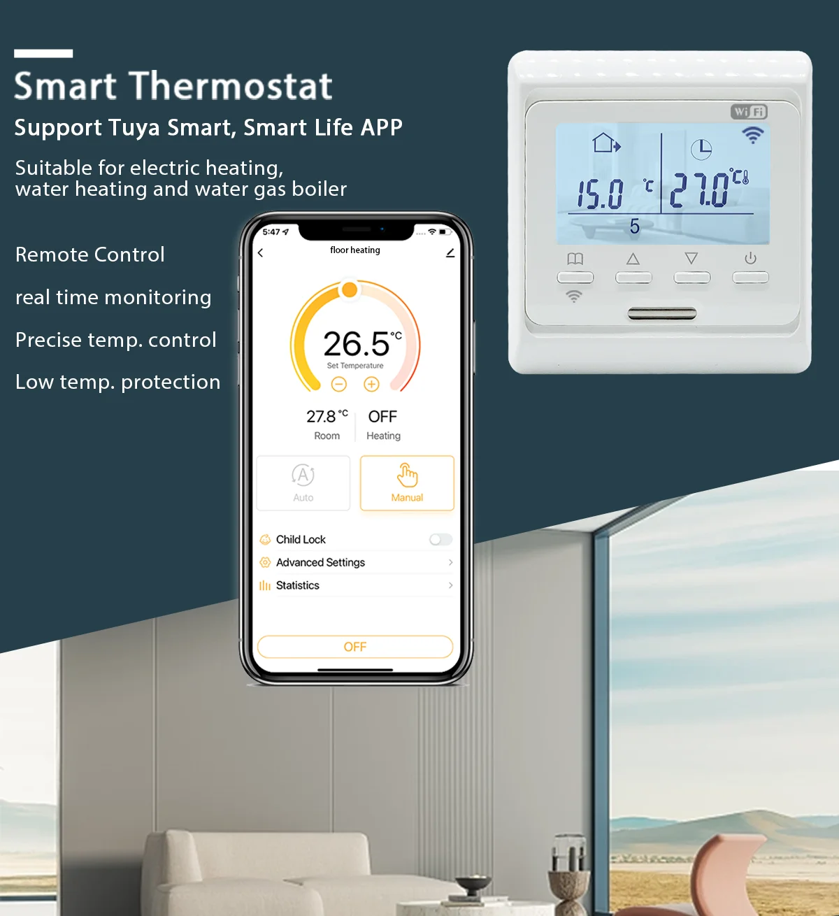 Digital WiFi Thermostat AC100V-240V 3A 16A for Underfloor Heating with LCD Display and Voice Control via Alexa Google Assistant