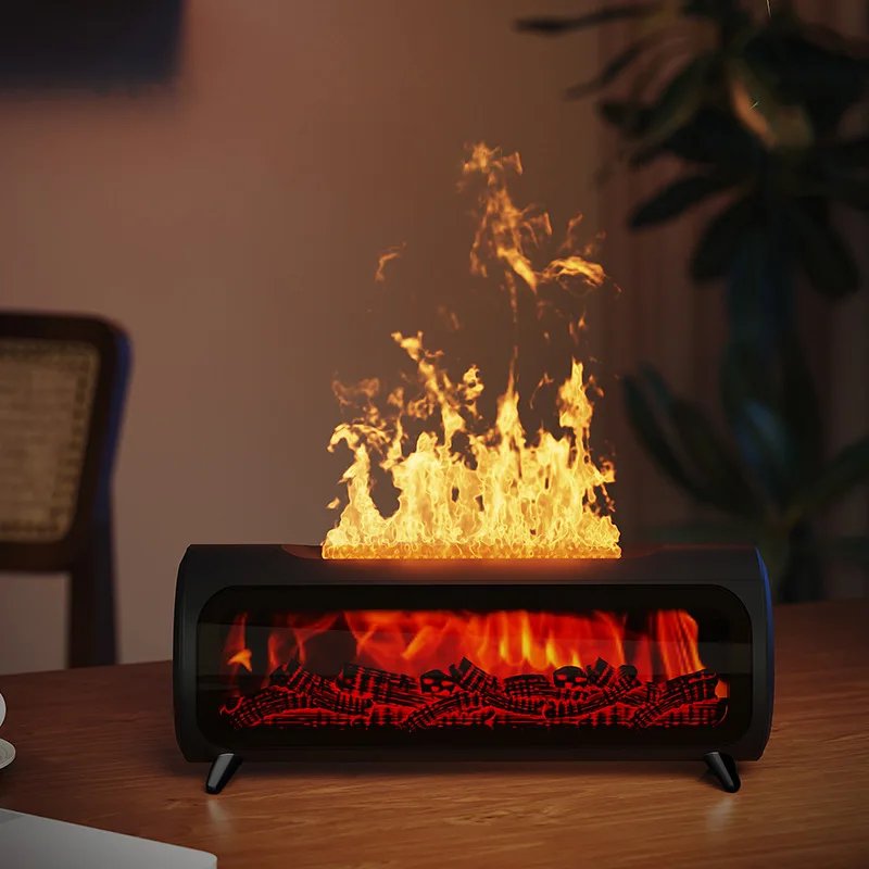 3D Simulation Charcoal Fireplace Aroma Diffuser, Retro Wood Grain Bedroom Diffuser Humidifier with Ambient Colorful Flame Lights